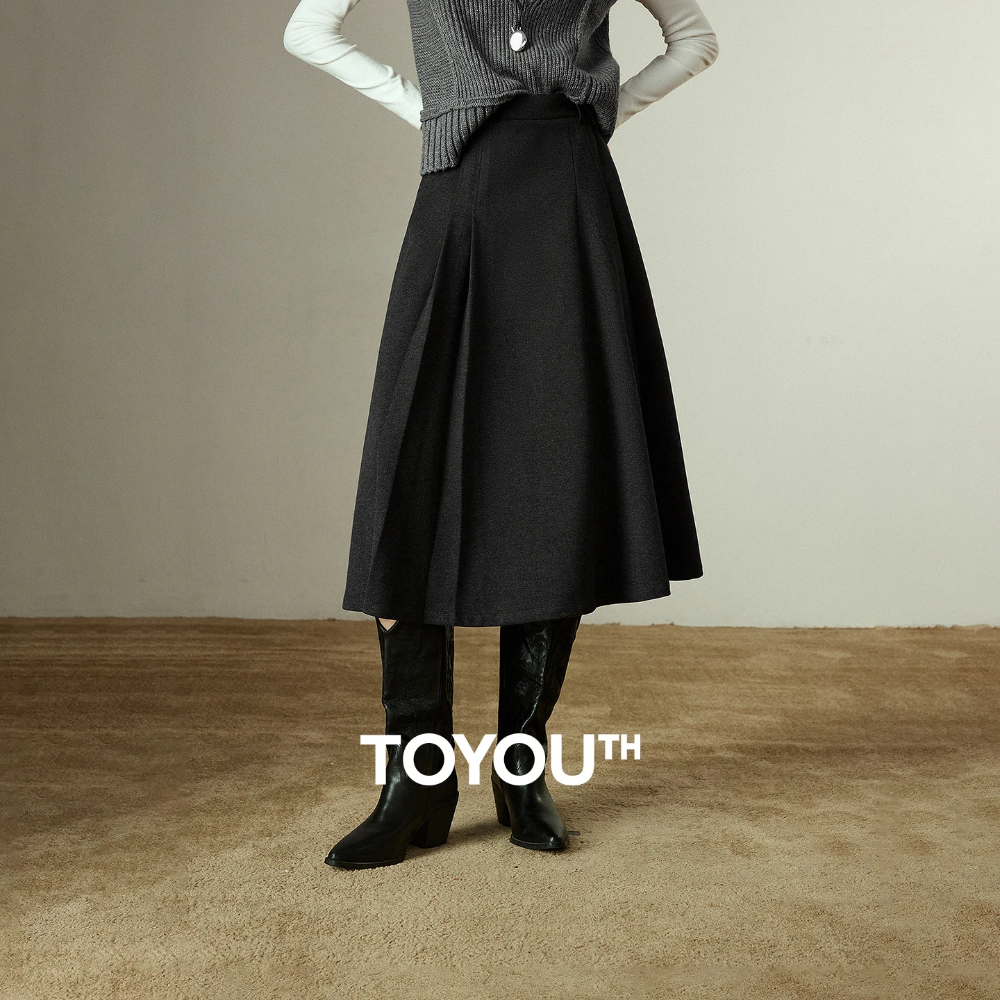 

TOYOUTH Women Midi Skirts 2025 Winter NewAsymmetric Back Elastic Waist 3D Pleated Retro Office-Style Woolen Skirt