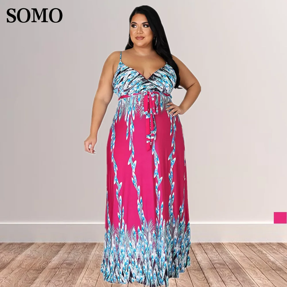 

SOMO 2022 Fashion Bohemia Printed Party Dress Plus Size Women Maxi Long Dresses Causal Halter Clothes Wholesale Dropshipping