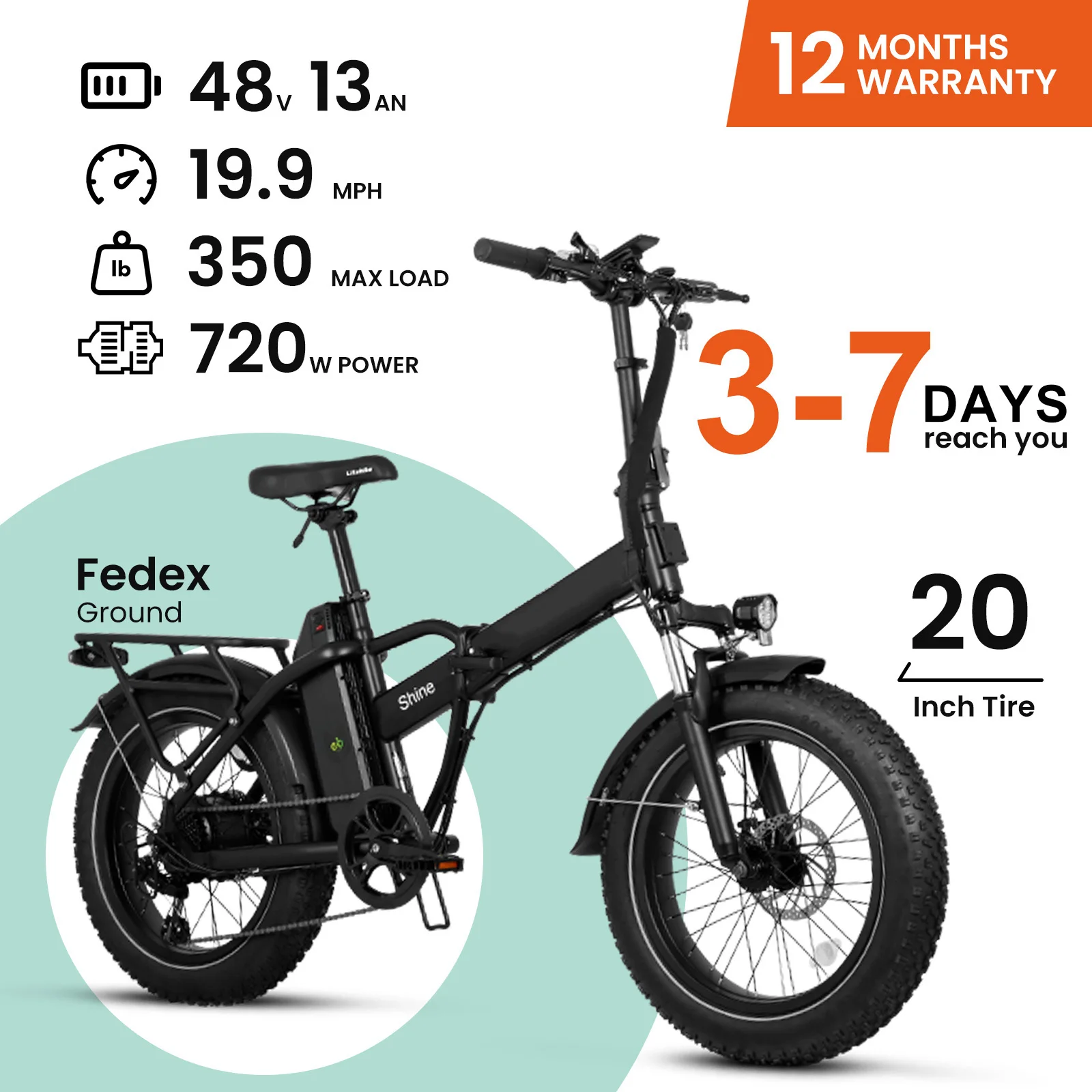 Urban cycling adult folding electric bicycle, 20 inch 4.0-wide tires 500W dual brakes 48V 13Ah detachable battery electric bicyc