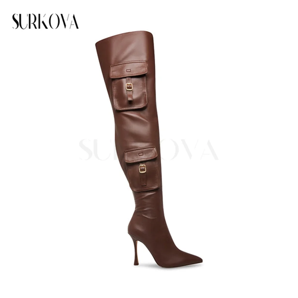 Women's New Over The Knee Boots Pointed Toe Stilettos Ladies Rider Boots Brown Soft Leather Pocket Boots Fashion Women Shoes