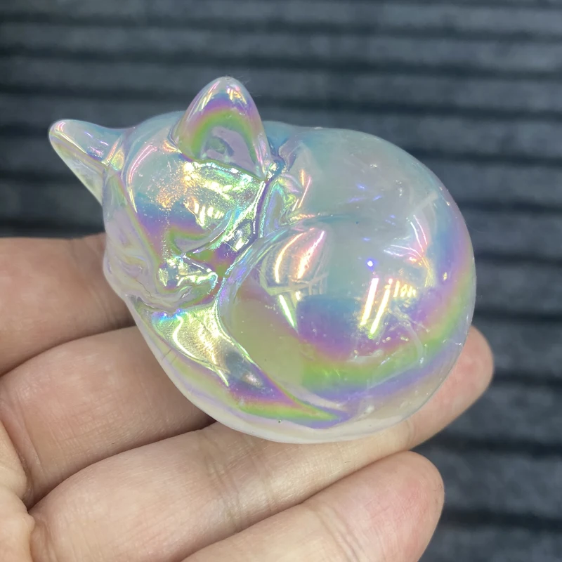 Natural Crystal  Stone Carved sleeping cat Titanium color Angel Aura Quartz Specimens Cured  Coating Healing Crystals Home Decor