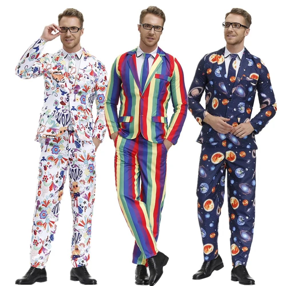 Halloween Men 60s 70s Retro Hippie Peace and Love Cosplay Costume Flower Power Disco Carnival Party Suit Coat T Shirt Pant Tie