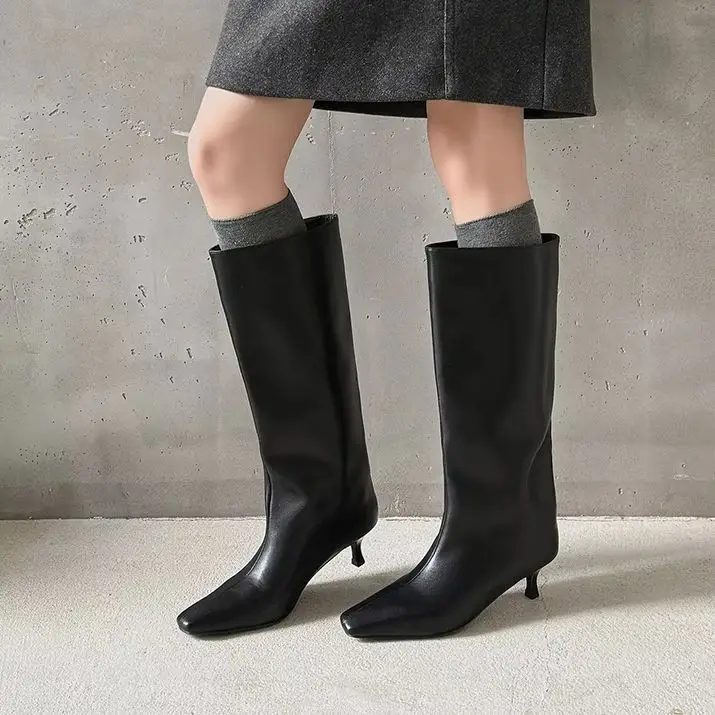 Women Slouchy Versatile Square Toe Knee High Boots Slim Stiletto Heel Slip‑On Fall Winter Fashion Office Dress Tall Boots F550