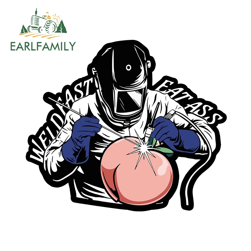 EARLFAMILY Weld Fast Eat Ass Welder Hard Hat Car Accessories Peach Rump Creative JDM Vinyl Car Stickers Waterproof Decor