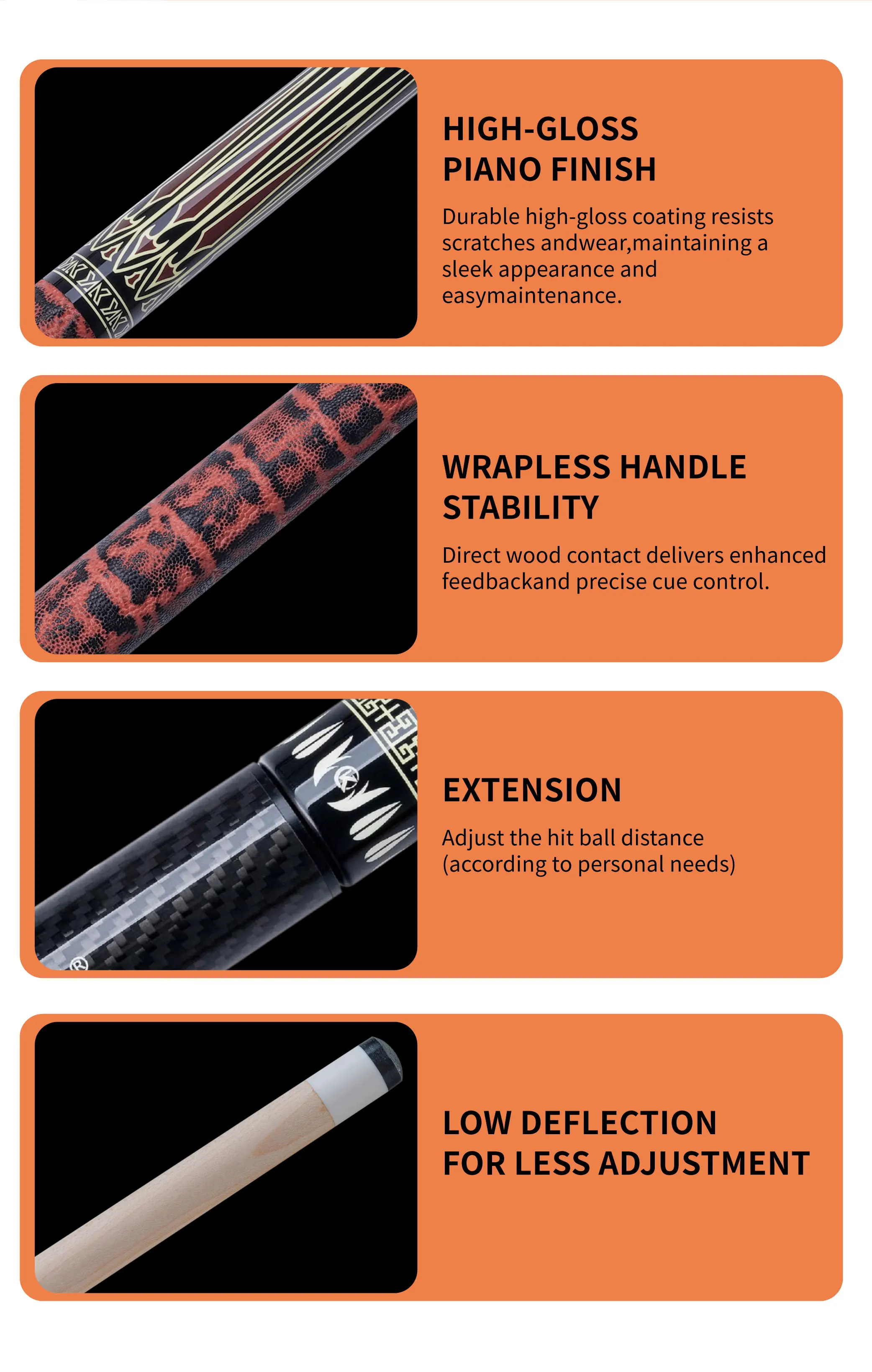 Poolqueue mit Carbonfaser-Schaft, geringer Abweichung, Profi-Taper, 12,5 mm Spitze, 3/8x8 Verbindung, K-03 für 8/9-Ball-Billard, KONLLEN – Detail 8