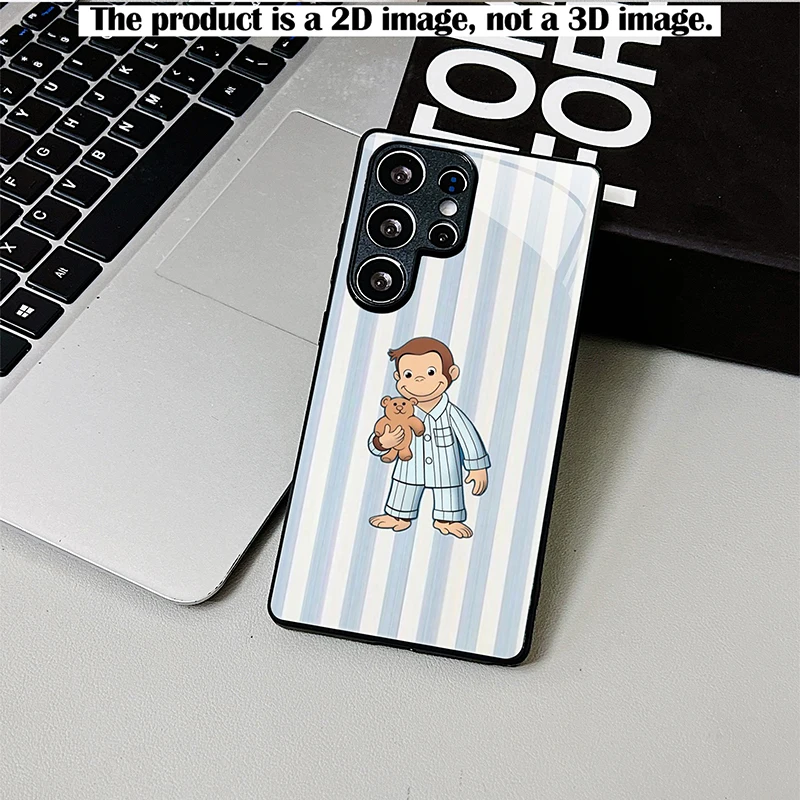 Blue Pattern Monkey Hug Bear Phone Case,2D Print Black Glass For Samsung S/A Series,Shockproof Full Coverage Cover
