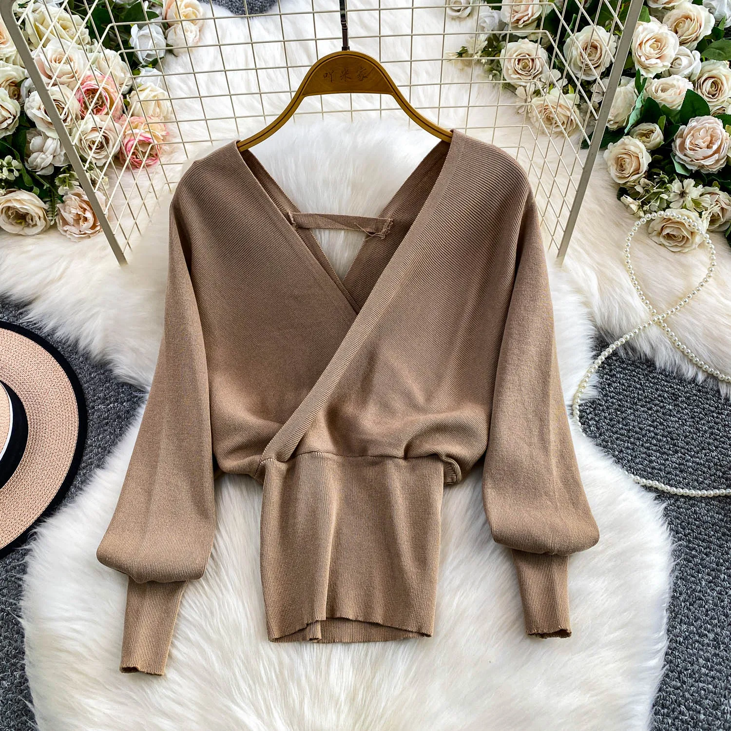 

Элегантная винтажная вязаная блузка крест-накрест с длинными рукавами, корейский модный топ, женская шикарная готическая рубашка на осень и зиму