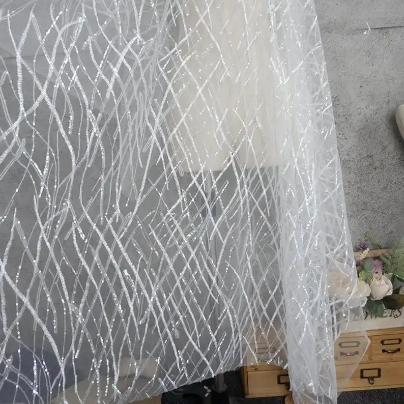 Tela de encaje de lentejuelas pesadas, bordado de flores, tela de tul blanco suave para encaje de boda, vestido de novia, velo de encaje de 51 "de ancho