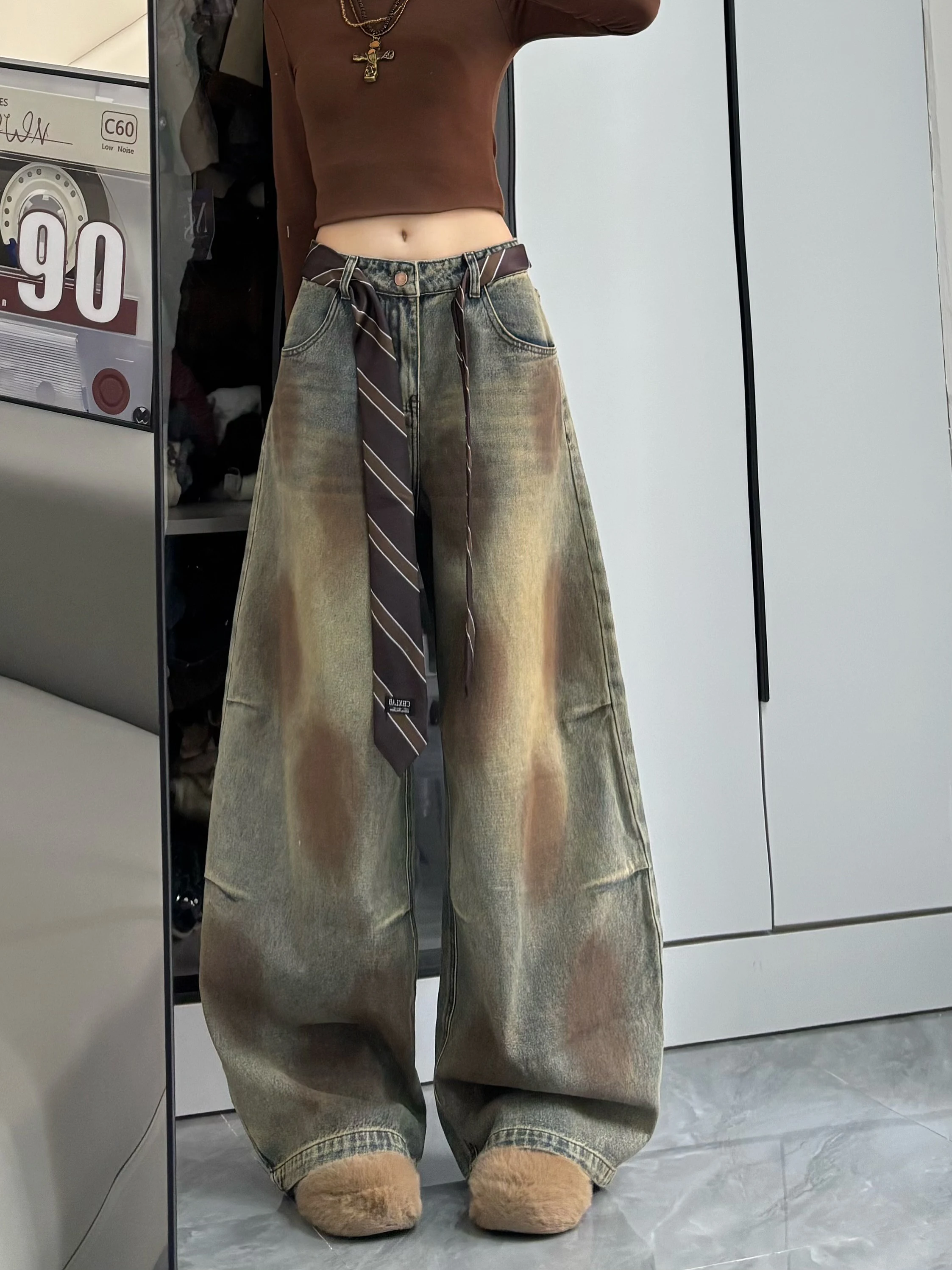 

Ripped Vintage Sle High Waist Wide Leg Jeans Women's Summer Trendy Street Dance Casual American Hot Girl Hip Hop Loose Pants