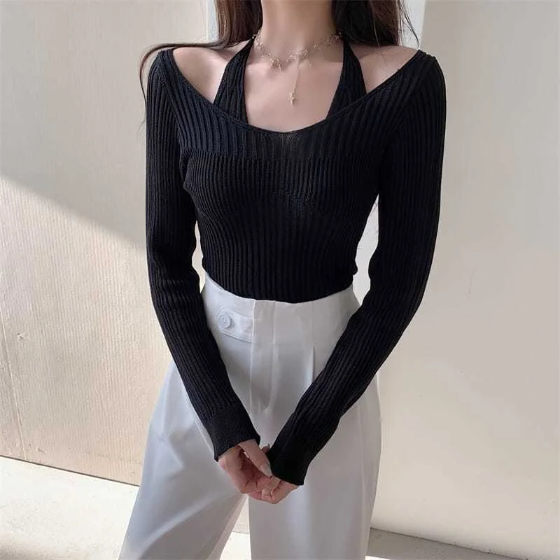 

Women's Spring and Autumn New Fashionable Neck Sling Fake Two-piece Slim Knitted Temperament Slim Versatile Long Sleeve Top