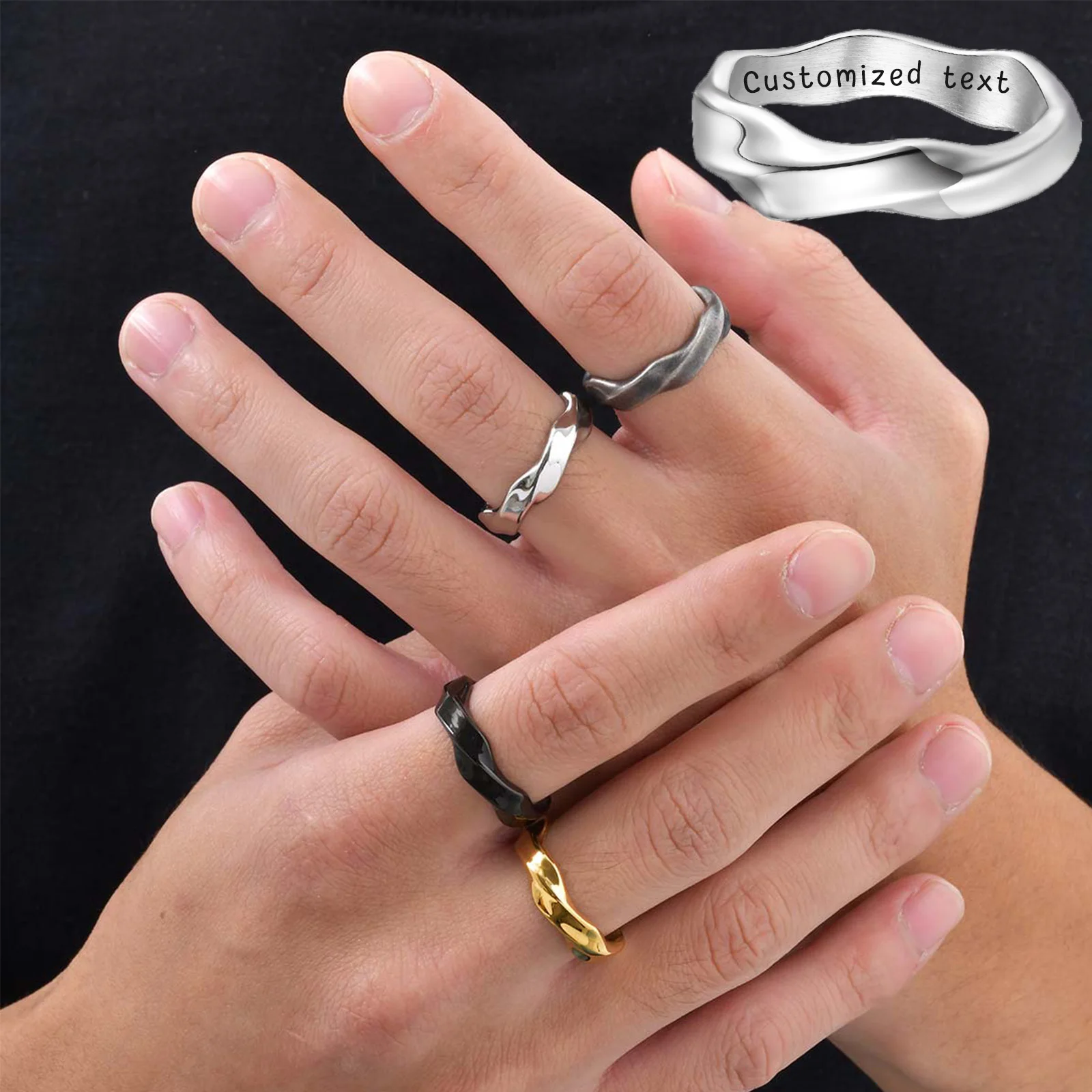 

Slim Men's Ring 5mm Unique Irregular Design Fashion Jewelry Engraving Anniversary Name Fit Size 7-12 Black Stainless Steel Rings