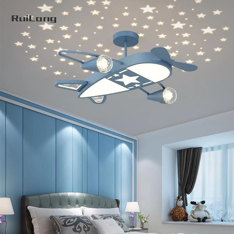 

Starry Night LED Airplane Chandeliers For Kids Room Boy Bedroom Ceiling Light Cartoon Blue Pink Aircraft Children Ceiling Lamp