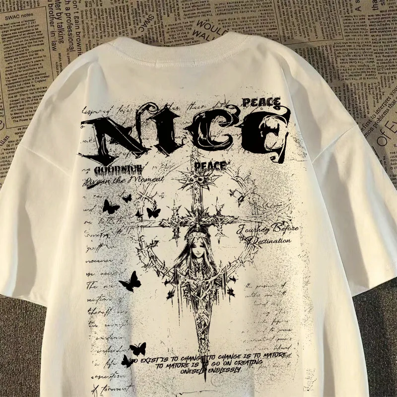 

2025 Новая тяжелая американская модная брендовая футболка с принтом ангела, мужская и женская одинаковые осенне-зимние свободные топы в стиле ретро