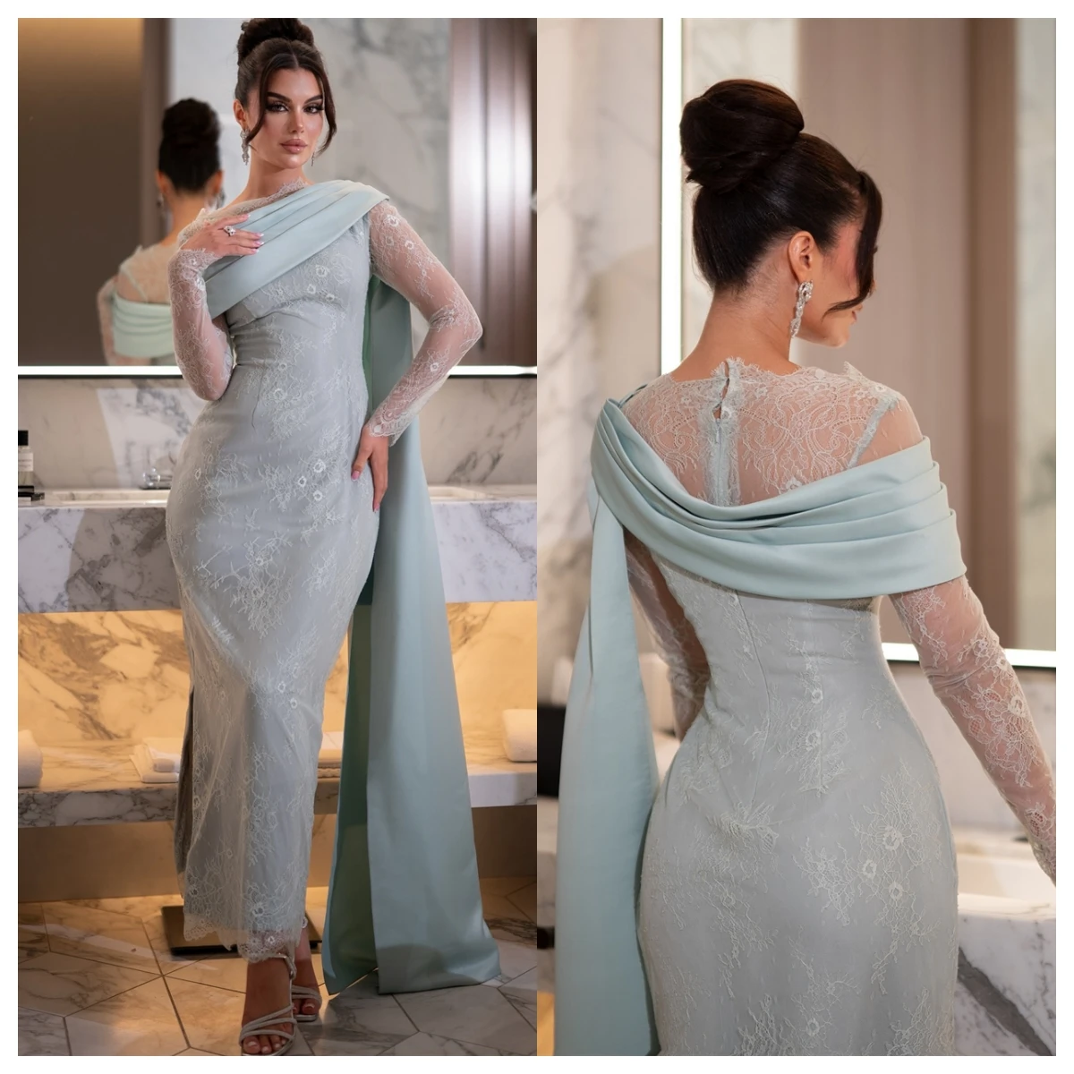 Aangepaste hoge kwaliteit blauwe satijnen avondjurk O-hals lange mouwen celebrity jassen homecoming jurk kant temperament modern