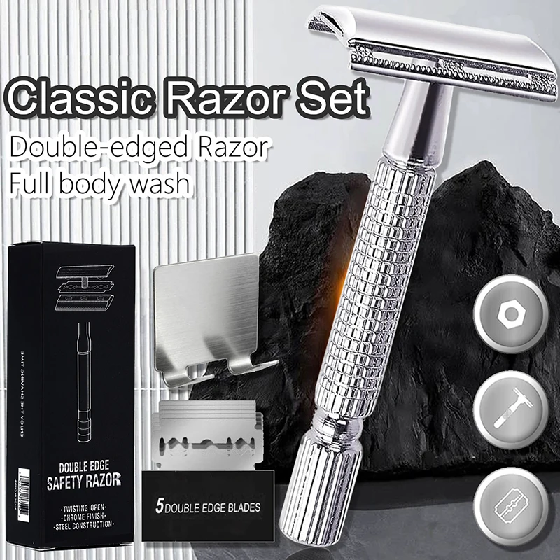 

Classic Men Shaver Mild Hair Removal Shaver Double Edge Stainless Steel Shaving With 1 Box Double Edge Blades Shaver Razor