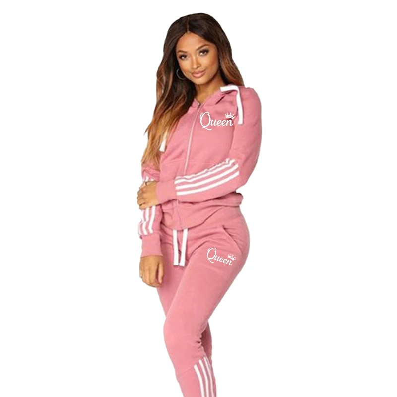 Dames Elegant Trainingspak Roze Tops Tweedelige Set Herfst Preppy Capuchon Broek Met Rits Pakken Sweatsuit Slanke Kleding Print Casual Outfit