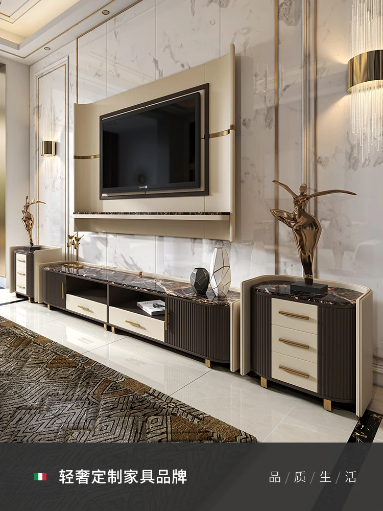 Light luxury TV cabinet, coffee table, living room, marble, high-end postmodern Italian style floor cabinet, background wall