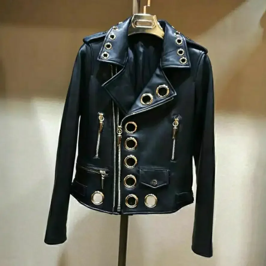 Women Chic Faux Leather Motorcycle Jacket Fall PU Locomotive Bomber Coat Zipper Cardigan Metal Rings Hollow Streetwear Crop Tops