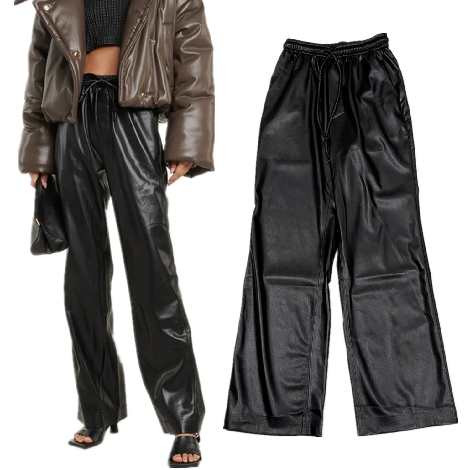 

Jenny&Dave Environmental Protection Leather Casual Pants High Street Fashion Retro Drawstring Loose Harem Leather Pants Women