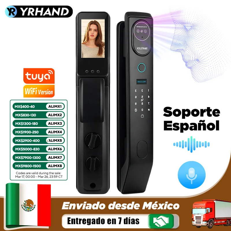 YRHAND V8 From Mexico cerradura inteligente Electrónica Tuya WiFi Waterpoof 3D face Unlock Intercom Smart Door Lock For home