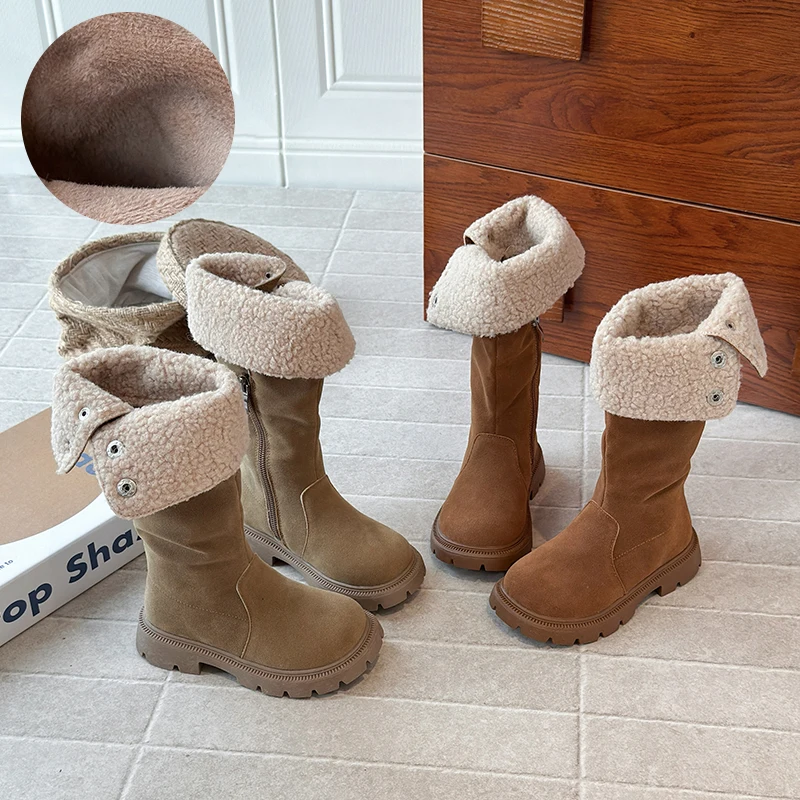 Children Comfortable Over-Knee High Retro Fashion Boots Girl's Foldable Thick Heel Velvet Thick Cotton Boots Winter Khaki Camel