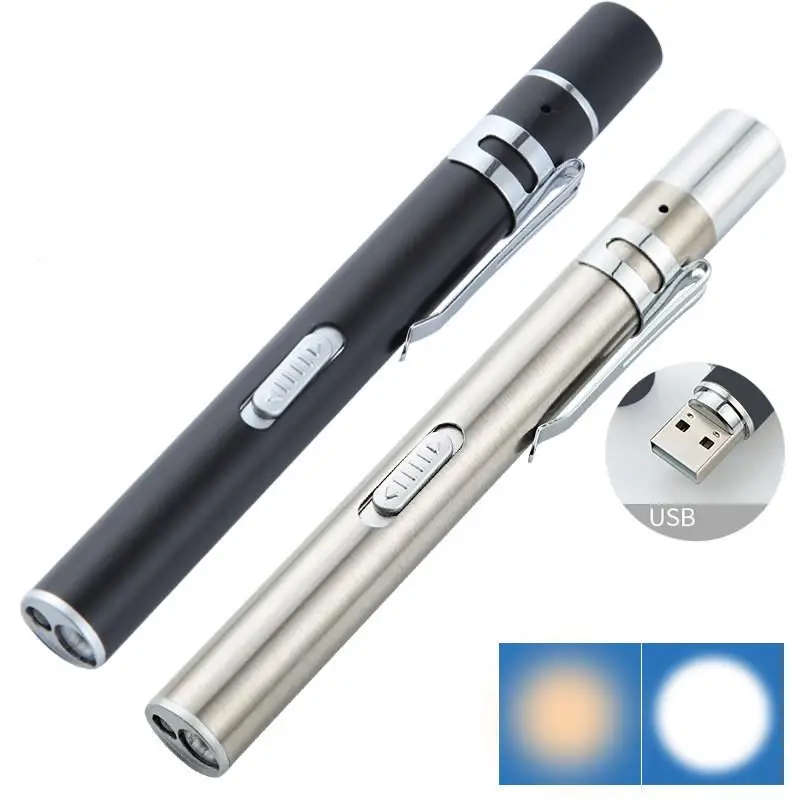 Portable Dual Light Source LED Stainless Steel Medical Nursing Penlight Flashlight USB Built-in Rechargeable for Student Doctors