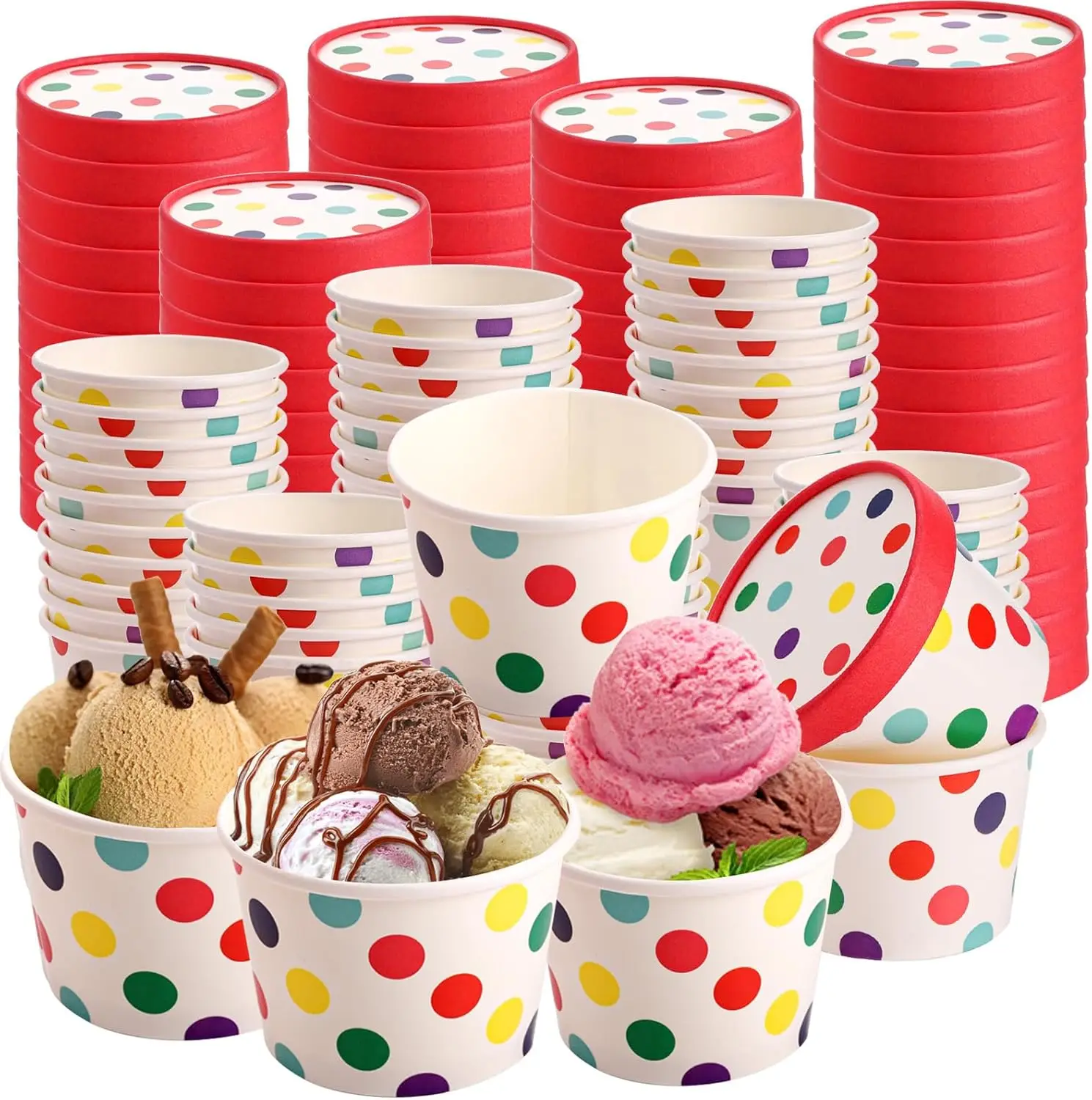 

60 Pack 8 oz Paper Ice Cream Cups with Lids, Disposable Sundae Dessert Bowls, Frozen Yogurt Containers Party Supplies fo