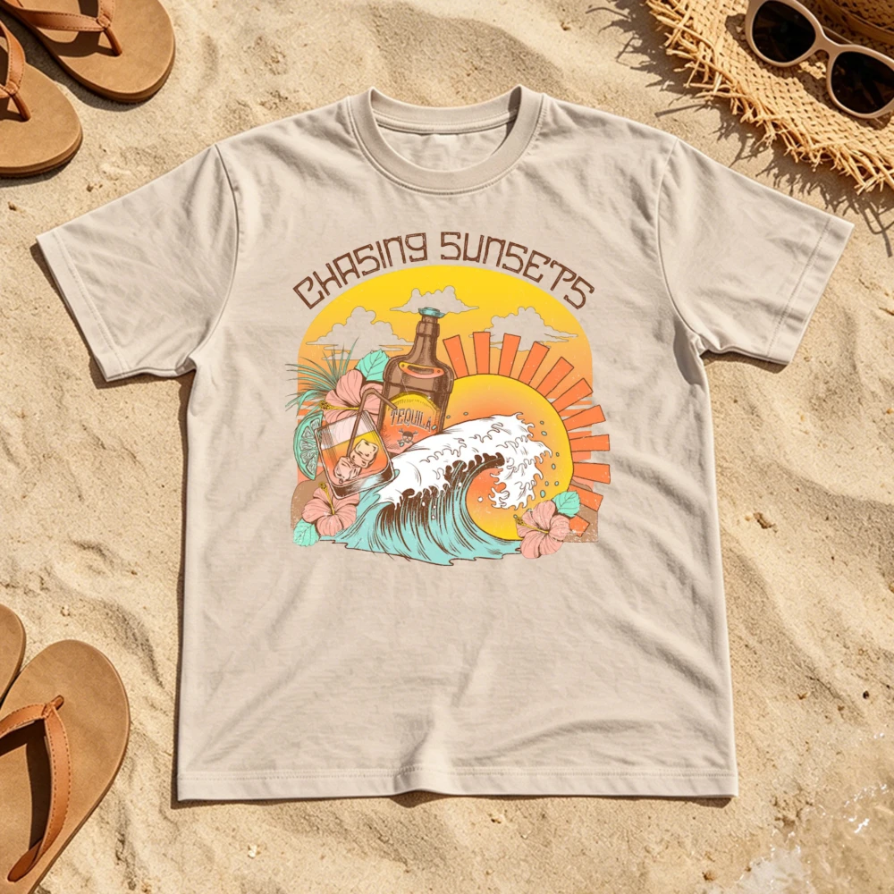 Chasing Sunsets Retro Ocean Wave Tropical Drink Print Cotton T Shirt Unisex Men Women Summer Beach Casual Graphic Tees Y2k Top