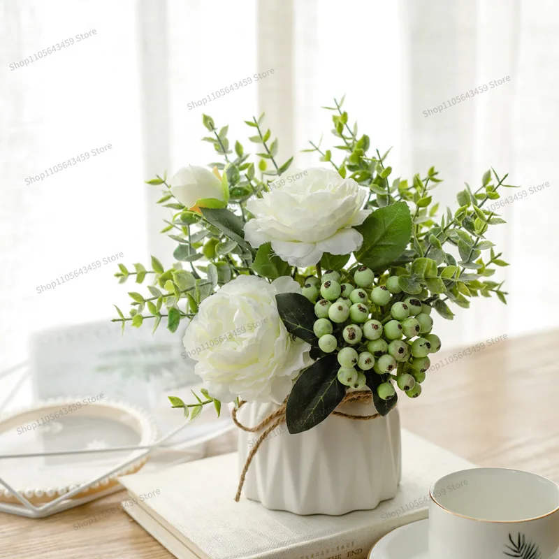 For Nordic Simulation Flower Set Ceramic Hemp Rope Vase Roses, Simulation Plants Potted Plants Home Decoration False Flower Pots