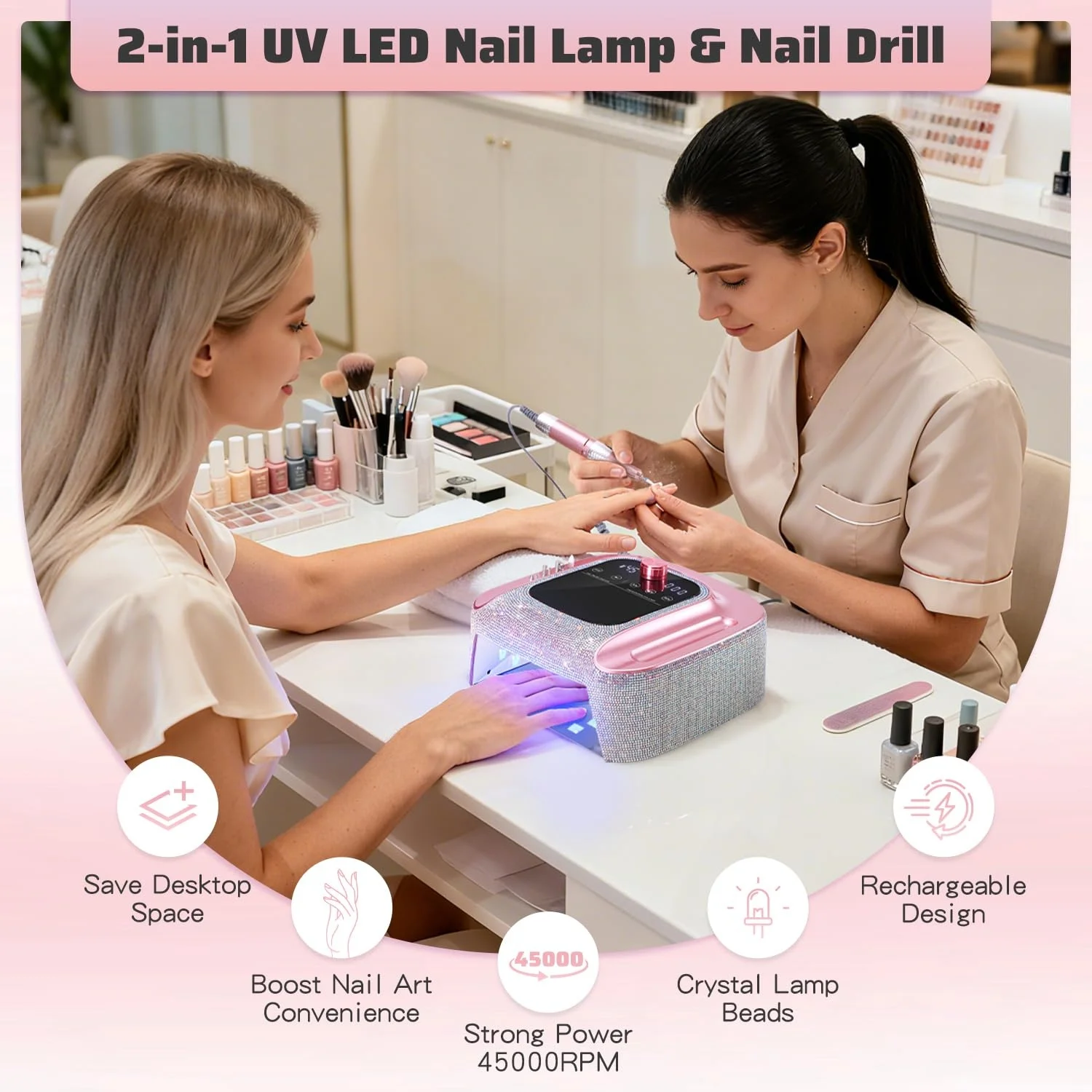 2-in-1 Rechargeable Cordless UV LED Nail Lamp & Drill Kit Auto Sensor LCD Display 45000 RPM for Home/Salon Use Nail Art Practice