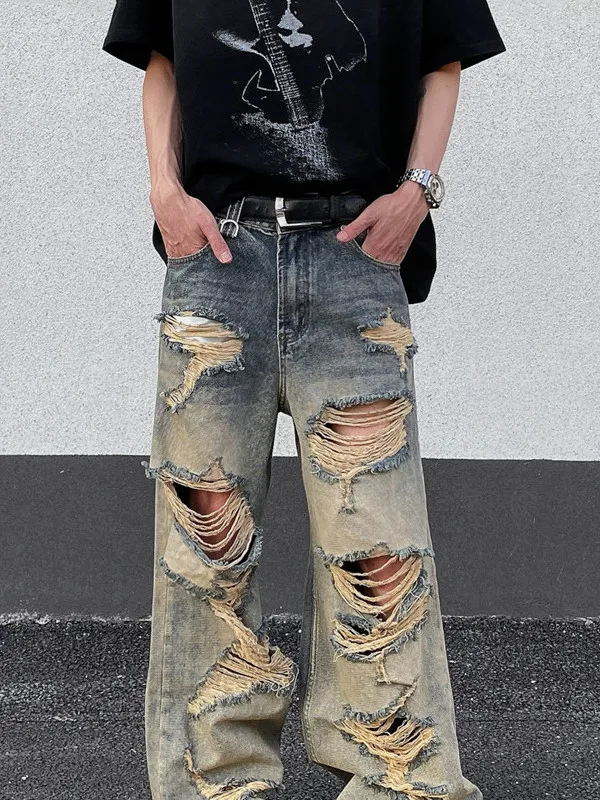 

Мужские летние тонкие джинсы American High Street Faion с дырочками, прямые брюки, длинные брюки Du Poor Boy, модные повседневные джинсы