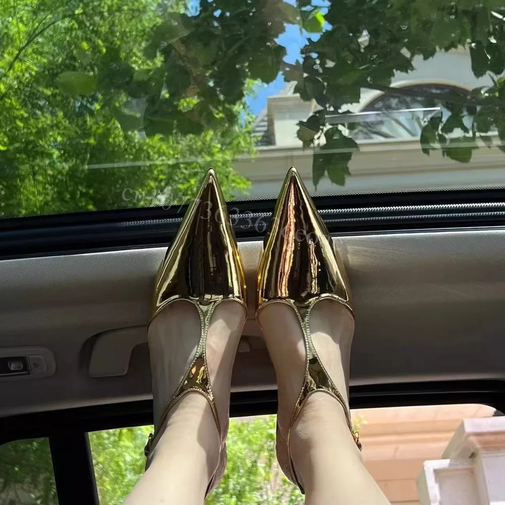 Golden Shallow Pointed Toe Sandals Patent Leather Shoes for Women Flat Pumps for Summer Sexy Lady Shoes 2023 Zapatos Para Mujere