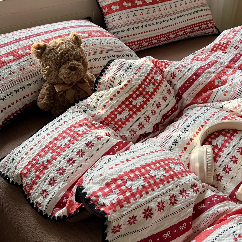 Puff Yarn Bedding Set Fashion Printed Bed Sheet Sets Embroidered Edge Single/Queen/King Size Comfortable Double Bed Set 침구세트