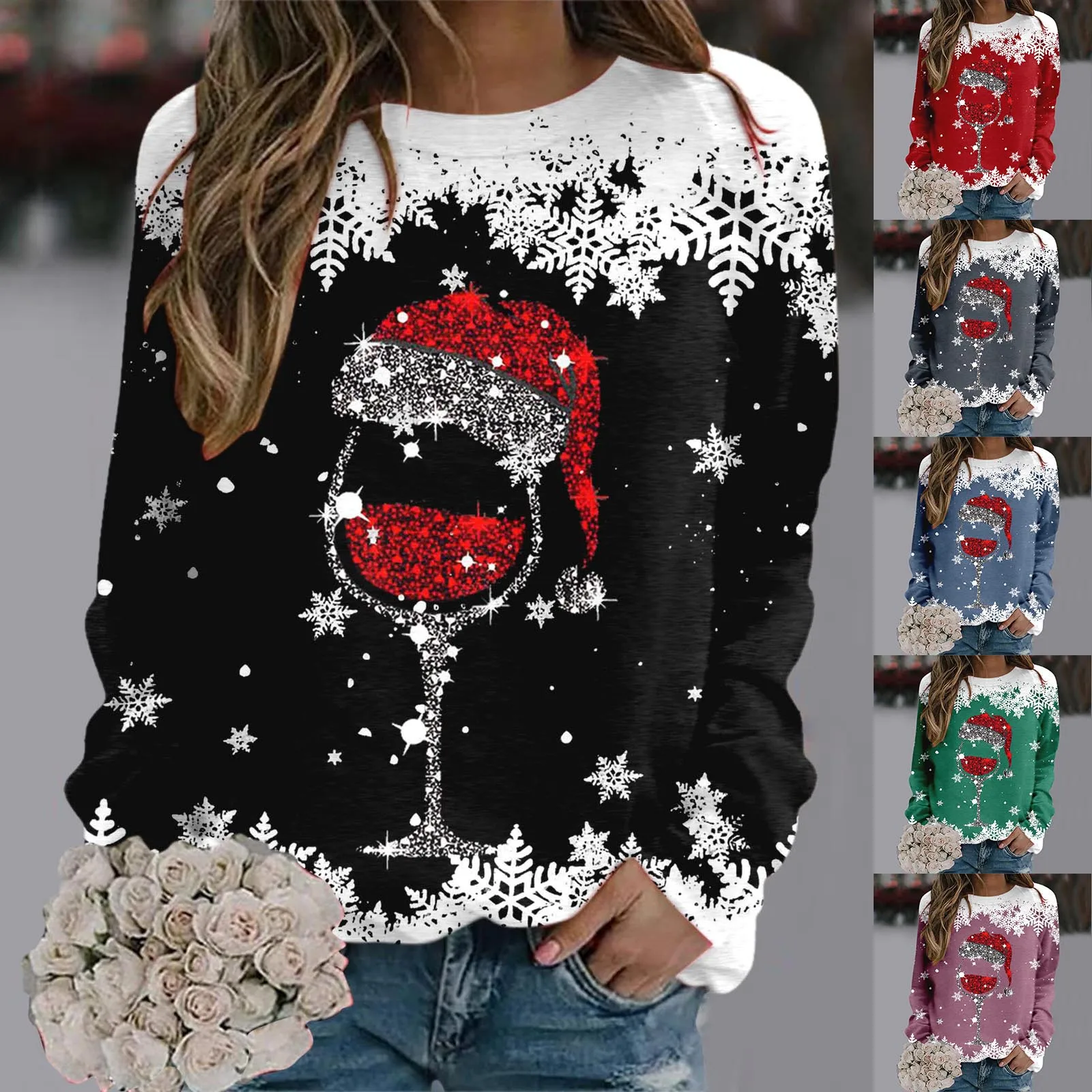 Womens Merry Christmas Print O Neck Sweatshirt Round Neck Fit Pullover Tops Casual Long Sleeve Full Zip Athletic Sweatshirt