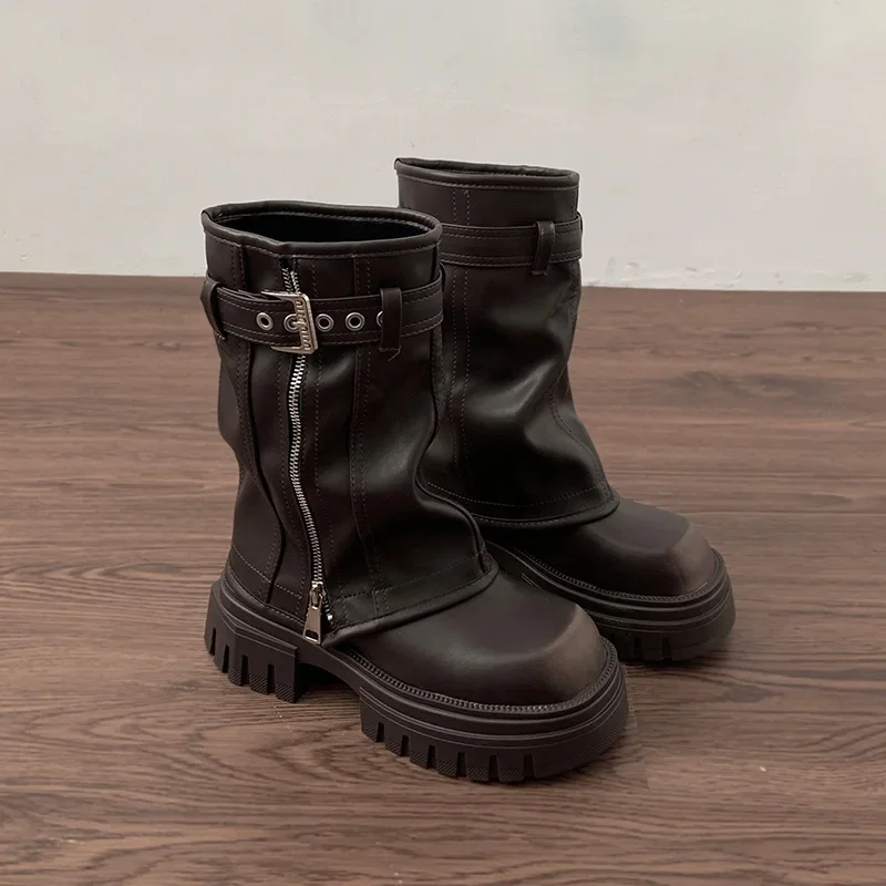 Winter Frauen Biker Stiefel Mode Gürtel Schnalle Damen Elegante Plattform Wohnungen Kurze Booties Casual frauen Ritter Booties