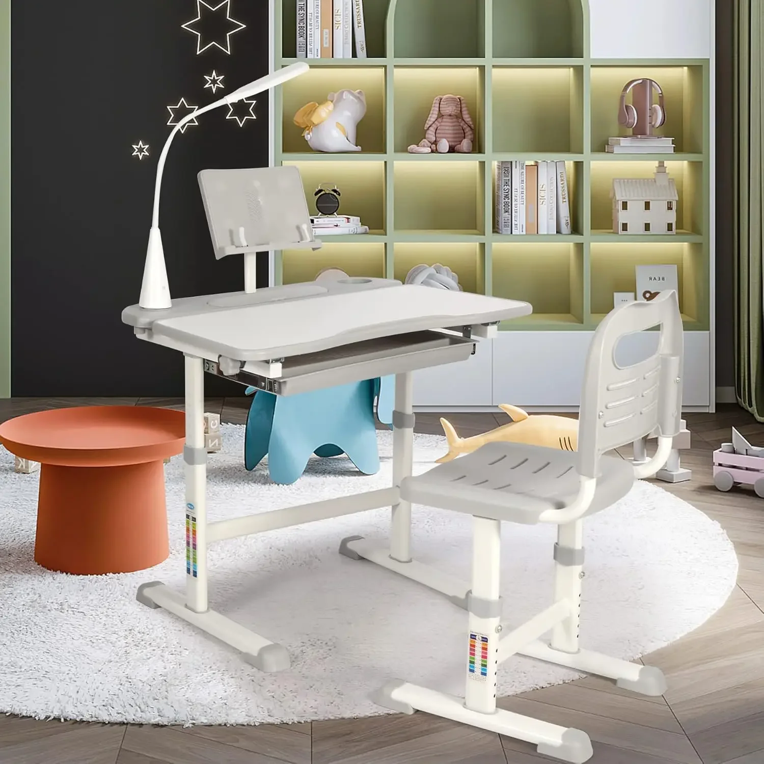 Desk and Chair Set,Height Adjustable Child's study table with Tilt Desktop,LED Light,Cup Holder,Bookstand and Storage Draw