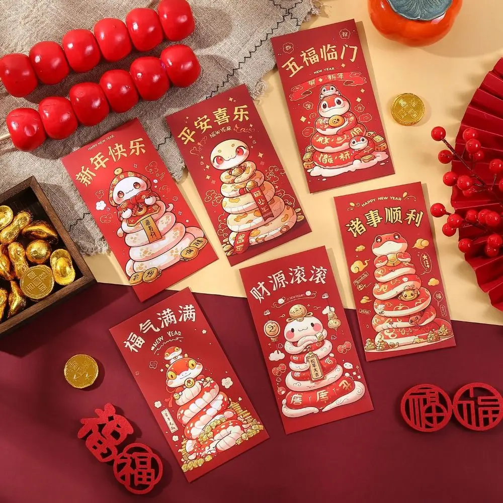 6 uds. Sobres rojos tradicionales del año del serpiente de 2025 Hongbao bolsa de dinero de la suerte roja gruesa bendición buenos paquetes rojos de la suerte graduación