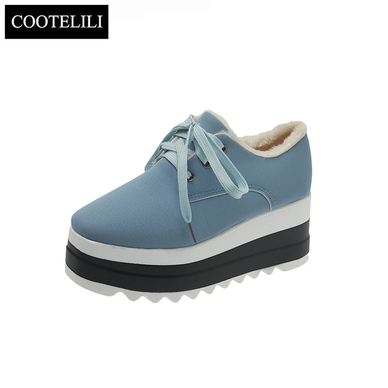 COOTELILI 2024 Wniter Warm Shoes Woman Wedge Pumps Women Sneakers Flats Platform Shoes With Plush 7cm Heels Lace Up Size 35-40