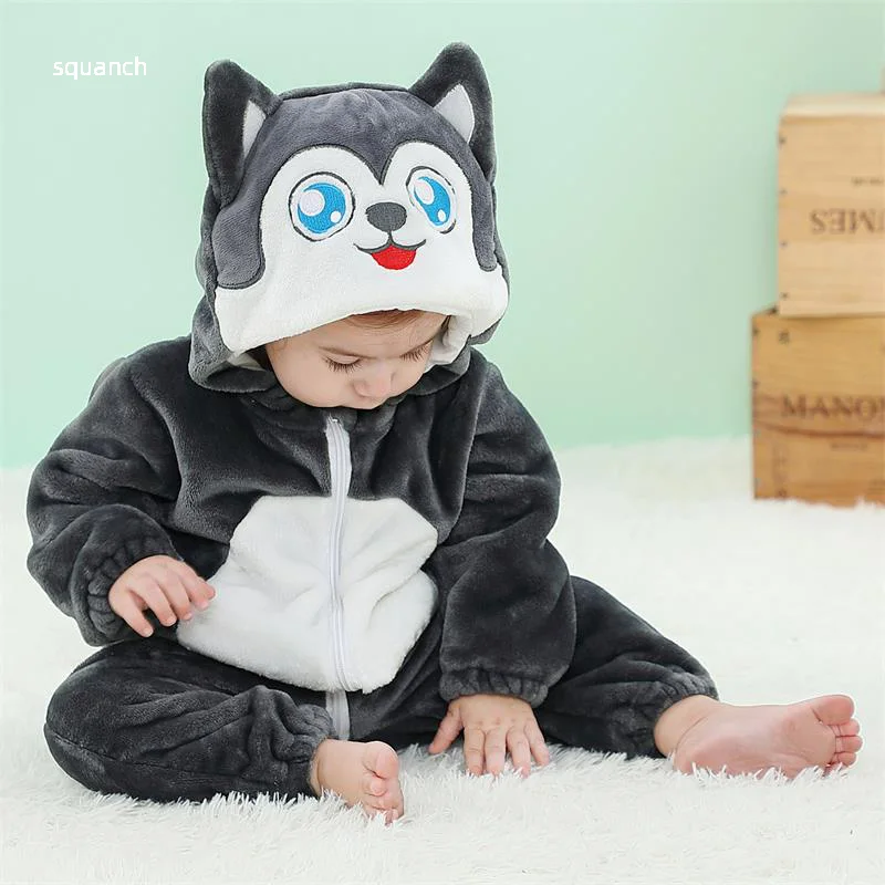 Schattige Baby Husky Kostuum Halloween Dier Hond Cosplay Pak Jongen Meisje Outfit Winter Warme Kleding Bebe Festival Jumpsuit 0-3y