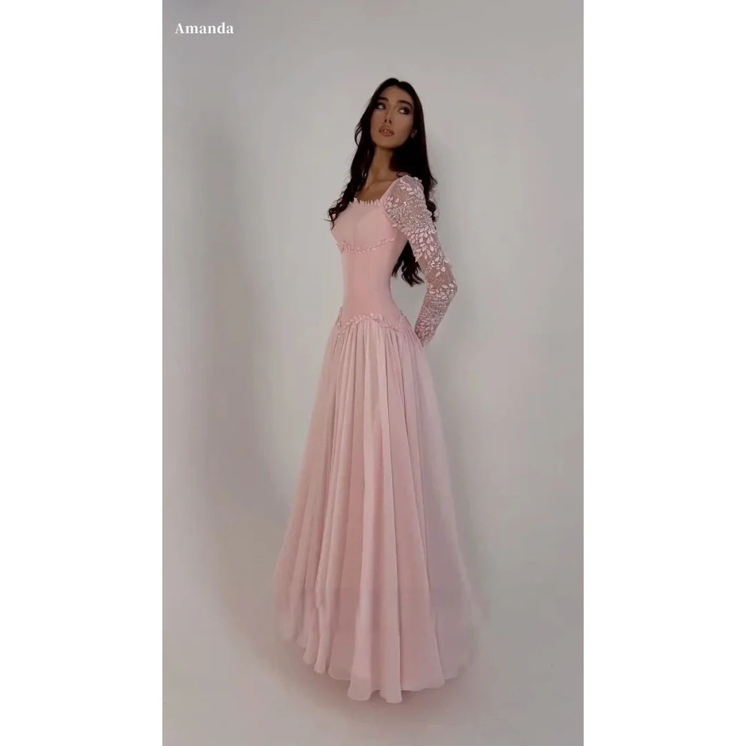 Amanda Customized 2026 New Pink Prom Dress Lace Appliqué Long Sleeve Chiffon Formal Evening Gown vestidos de noche Elegant 2026
