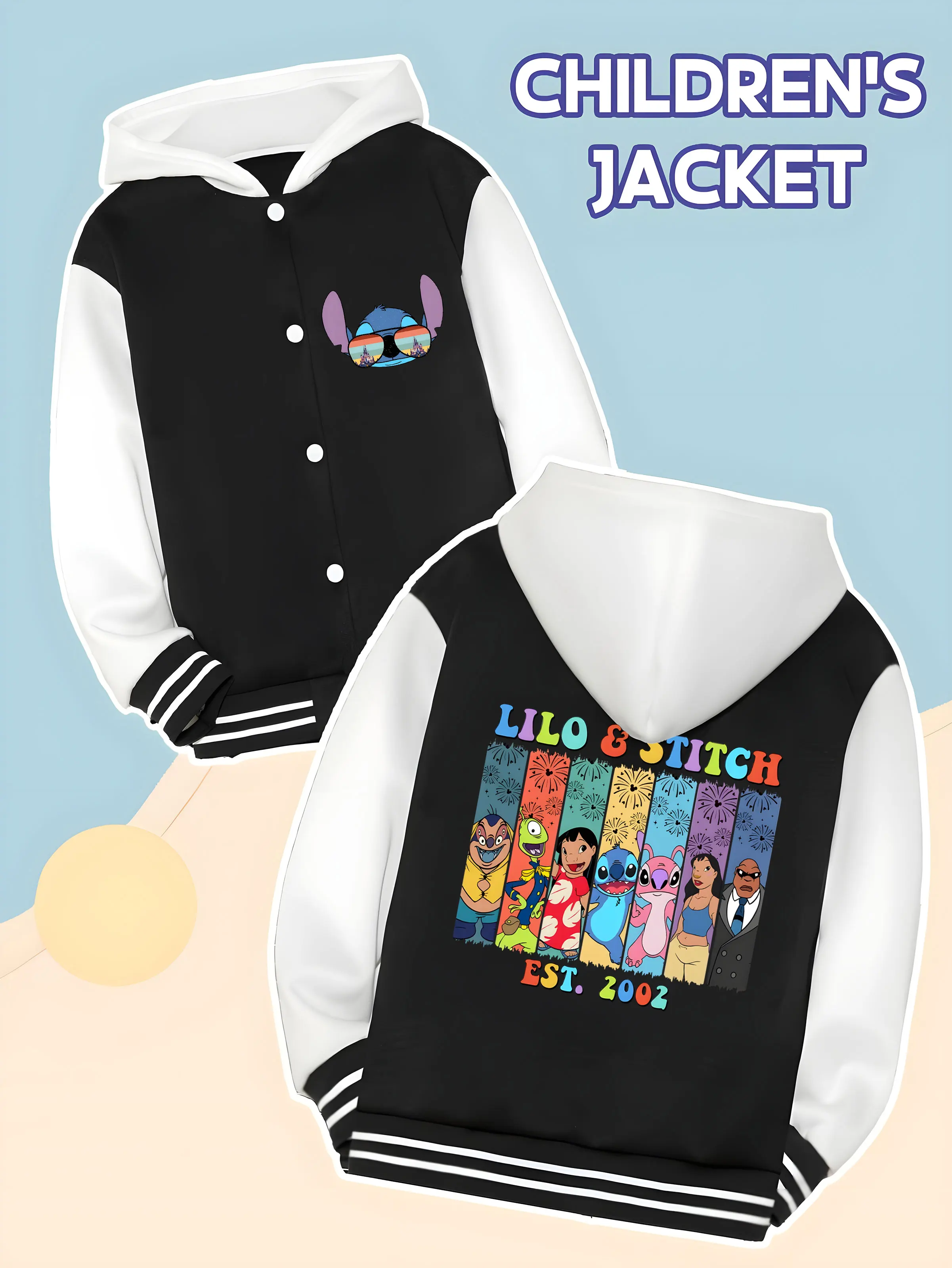 

MINISO Disney Lilo & Stitch Baseball Jacket for Boys -Stitch,Lilo & Friends Print,Perfect for Everyday Use or Outdoor Activities