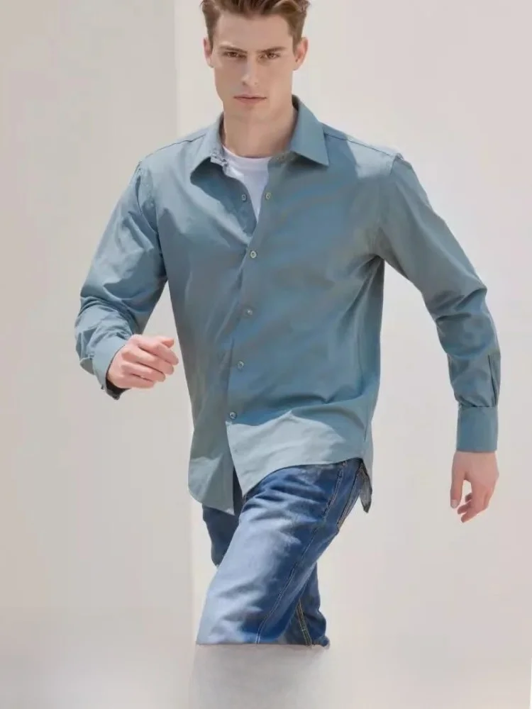 

Italian Luxury! Men's Casual Long Sve irt Modal Wool Blend Premium Lightweight Autumn Faion Stand Fit Button up