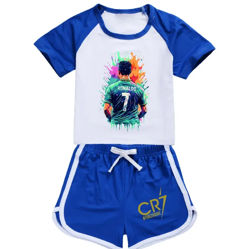 أنيمي تأثيري قمصان كرة قدم للأطفال رقم 7 كرة القدم Pjs المشجعين الرياضيين للبنين بنات رونالدو الطباعة CR7'S تي شيرت + السراويل عادية 72th #1