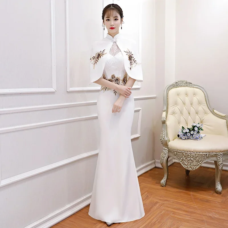 Qipao white Chinese dress fashion cheongsam dress plus size long Qi pounds modern vestido Oriental embroidery qipao fashion ff17