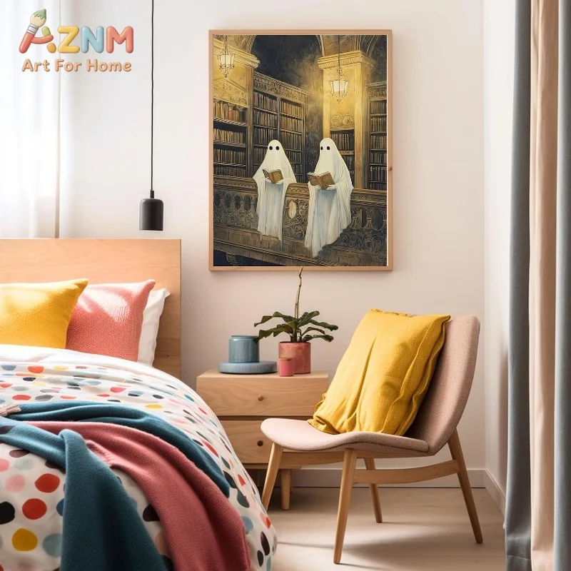 Vintage Library Ghosts Reading Old Book Halloween Canvas Poster Prints Frameless Wall Art Spooky Warm Soft Dark Decorations