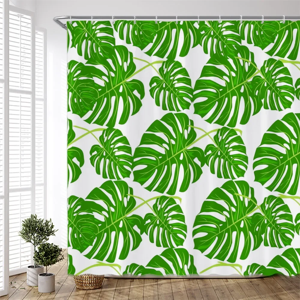 Colorful Nature Plants Leaves Shower Curtain Set Watercolor Verry Pattern on Green Background Art Home Bathroom Decor Curtains