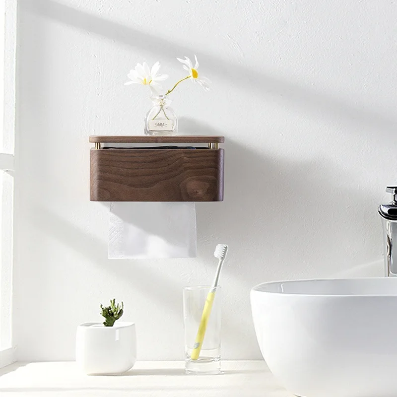Wall-mounted tissue box Hotel bathroom tissue holder Wall-mounted walnut bathroom roll box