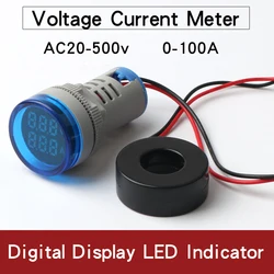 Mini voltmetro digitale rotondo amperometro AD16-22VAM doppio Display luce di segnalazione 22mm AC50-500V 2-100A indicatore amperometro