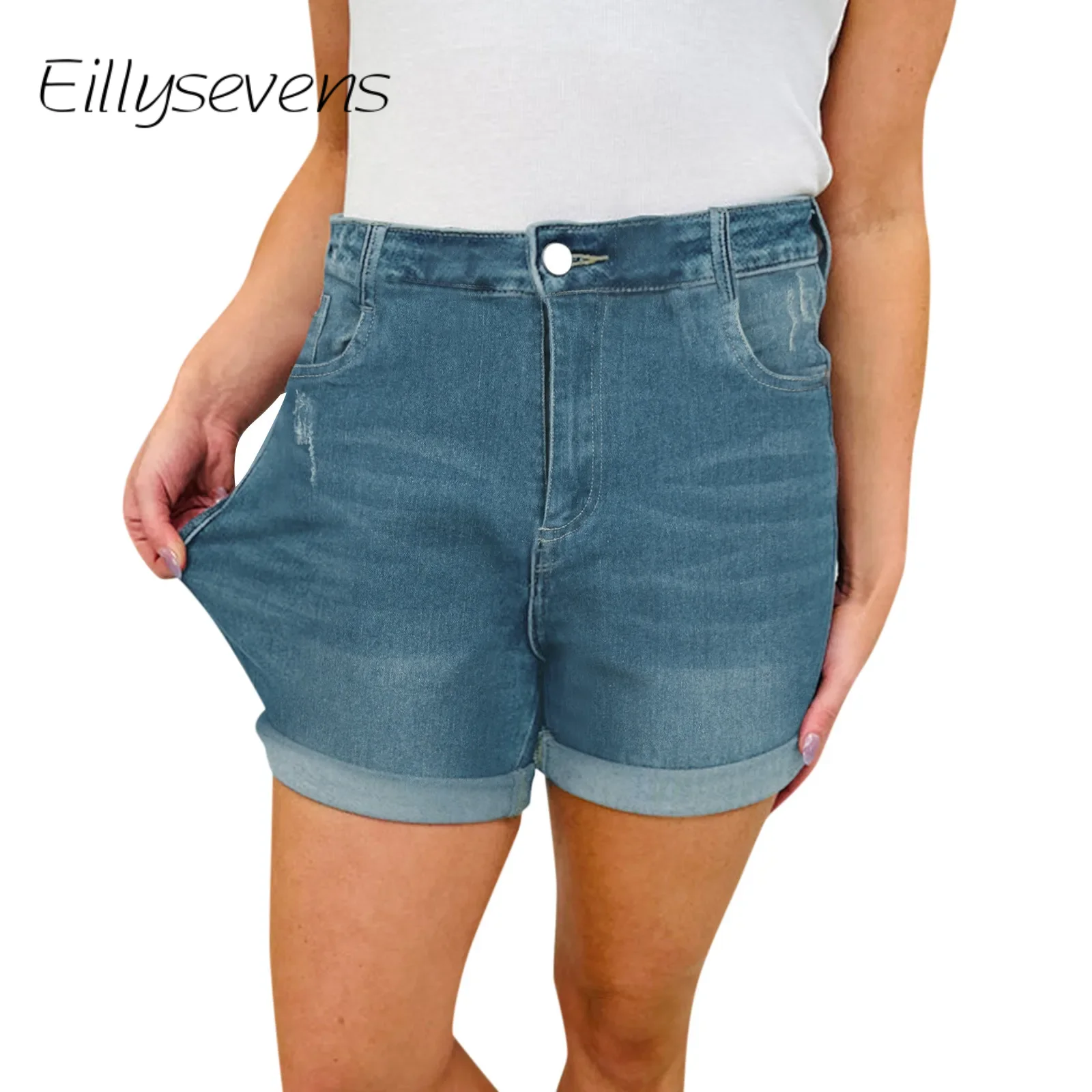 

High Waist Elastic Waist Mid Length Shorts-Casual High Waisted Denim Shorts,Stretch Jean Shorts With Adorable Double Pockets