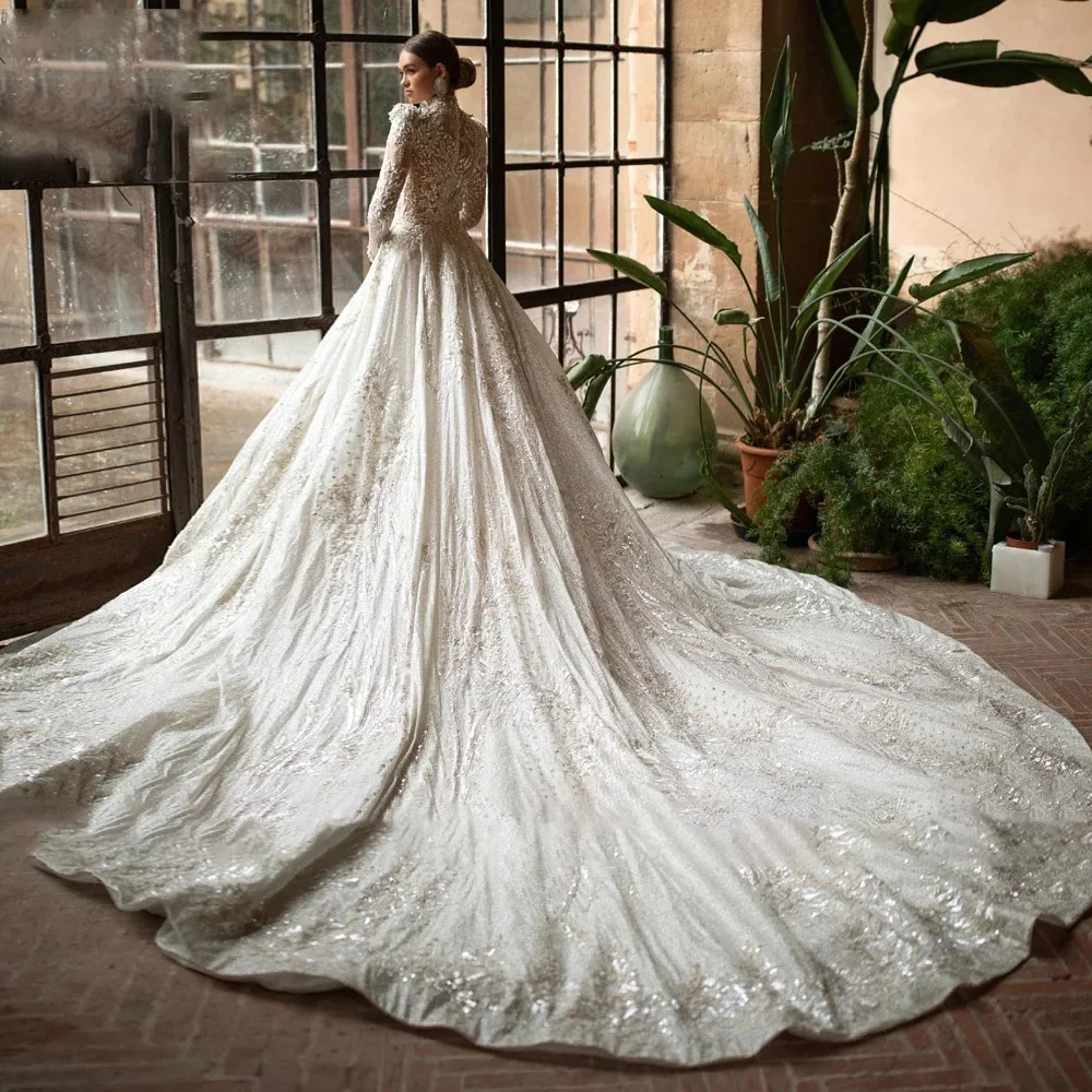  A Line Royal Wedding Dresses High Neck Lace Appliques Bridal Gown Tailor Made High Quality Women Wedding Dress